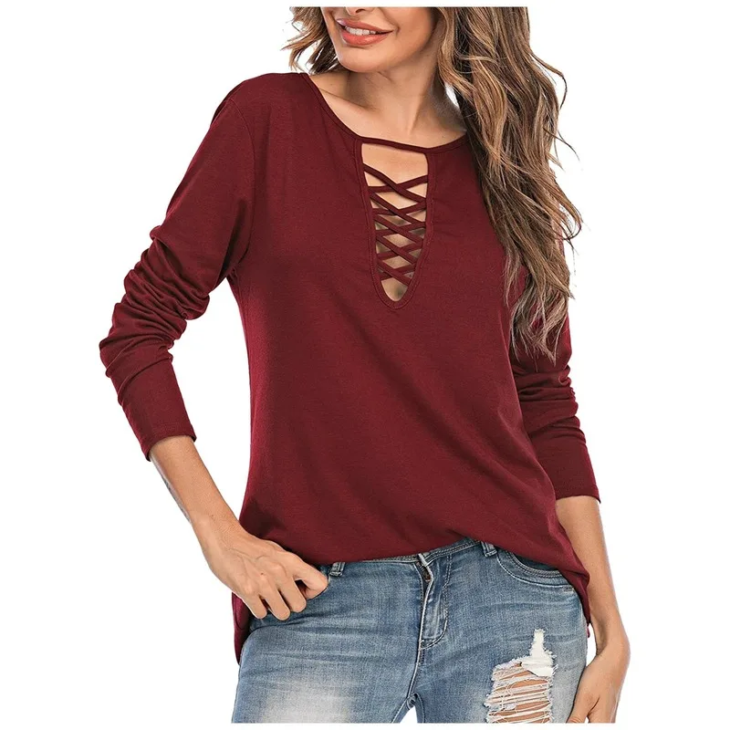 

Red Sexy Hollow Out T Shirts Women Solid Colors Plus Size Long Sleeve Tops Spring Autumn New V Neck Loose Tees Casual Homewear