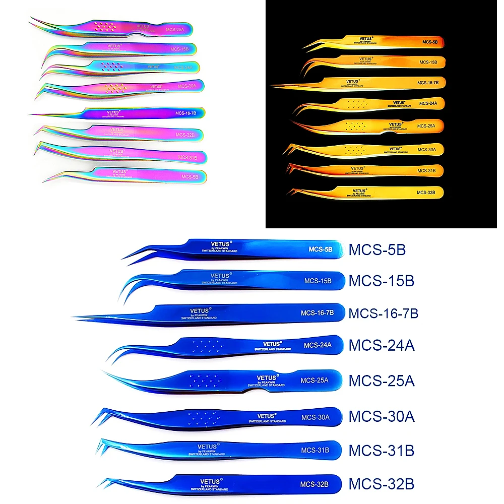 Vetus MCS시리즈 블루 골드 컬러풀 러시안 볼륨 블룸 속눈썹 익스텐션 트위저, 스테인리스 정밀 속눈썹 트위저 도구, 1 개 