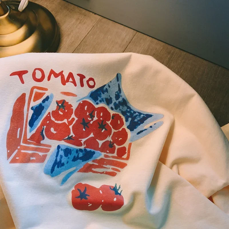 Vintage Tomato Style Sun and Handprint Women's T-Shirt Casual Loose Short Sleeve Top Aesthetic Zodiac Cute Fashion T-Shirt Y2K 2