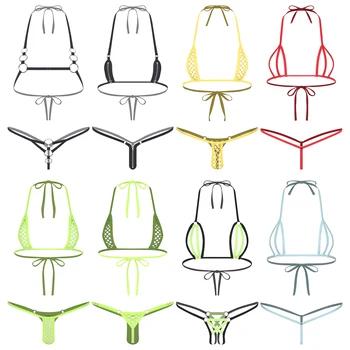 Womens Sexy Micro Bikini Swimsuit Lace-up Halter Bra Top with T-back Thong Lingerie Set Bathing Suit for Beach Night Pool Party 1
