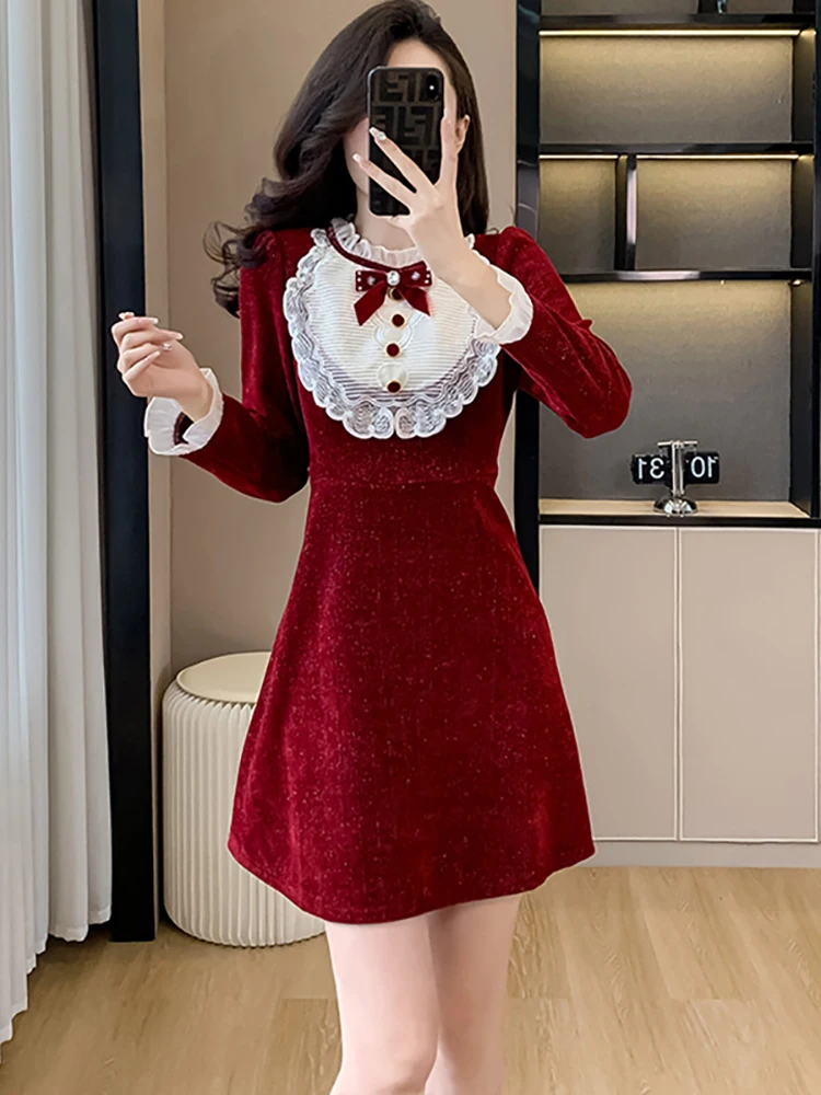 

Autumn Winter Red Bright Slik Luxury Prom Clothes Women Fashion Chic Bow Ruffled Collar Dress 2023 Korean Vintage Festival Dress