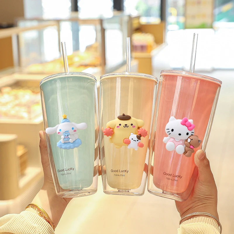 

Hello Kitty мультяшная чашка для воды Kawaii Sanrio Cinnamoroll помпон пурин большой емкости однотонная двухслойная пластиковая чашка для кофе
