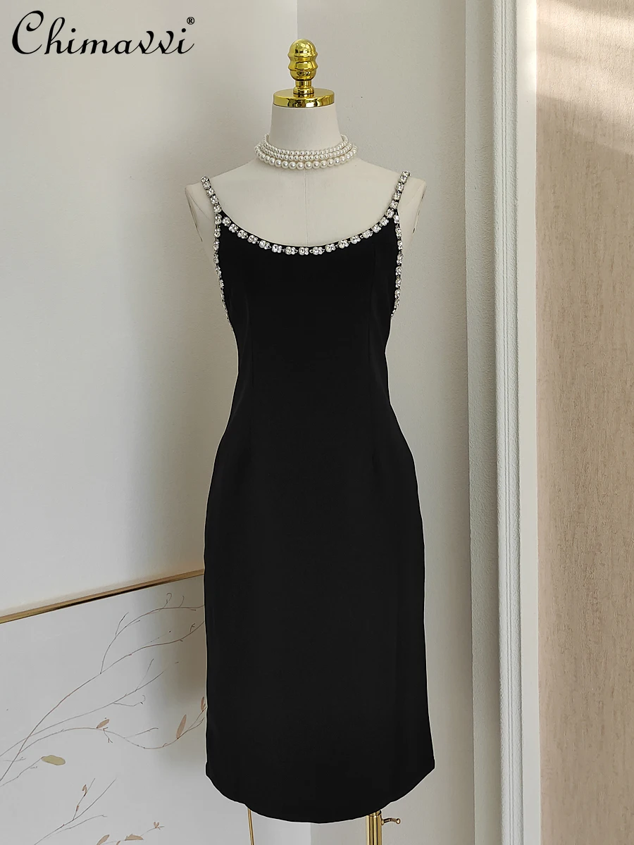 

New Sexy Black Dress 2023 Autumn Clothes French Diamond Bare Back Cross Slim-fit Dress Elegant Feminine Party Dress for Women
