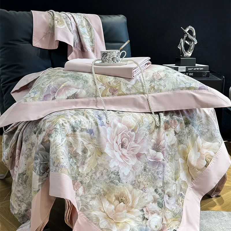 American Style Vintage Flowers Prints Luxury Bedding Set 1000TC Egyptian Cotton Duvet Cover Set Flat/Fitted Bed Sheet Pillowcase 4