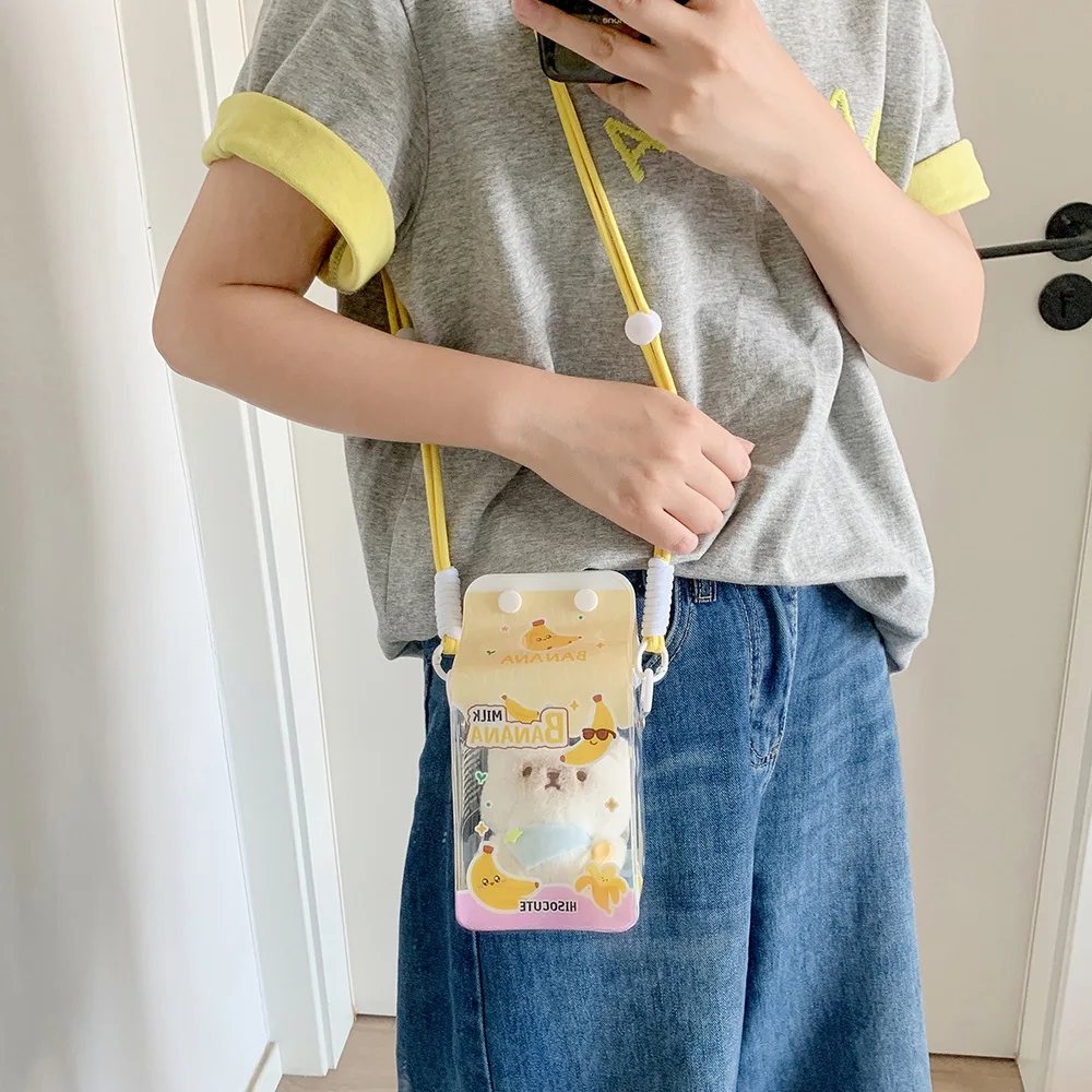 Ladies' kawaii Crossbody Bag Cartoon Cute Transparent Milk Box Funny New Shoulder Bag High-quality Doll Display PVC Storage Bag