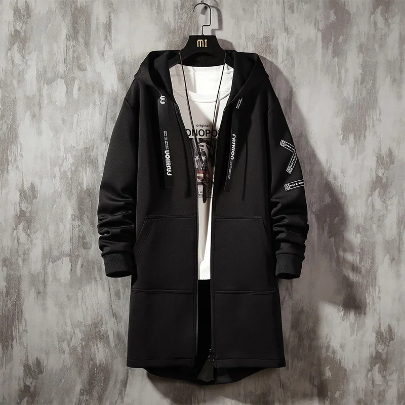 Men Trench Coat 2023 Fashion Printed Streetwear Hooded Harajuku Windbreaker Slim Fit Ribbons Outwear