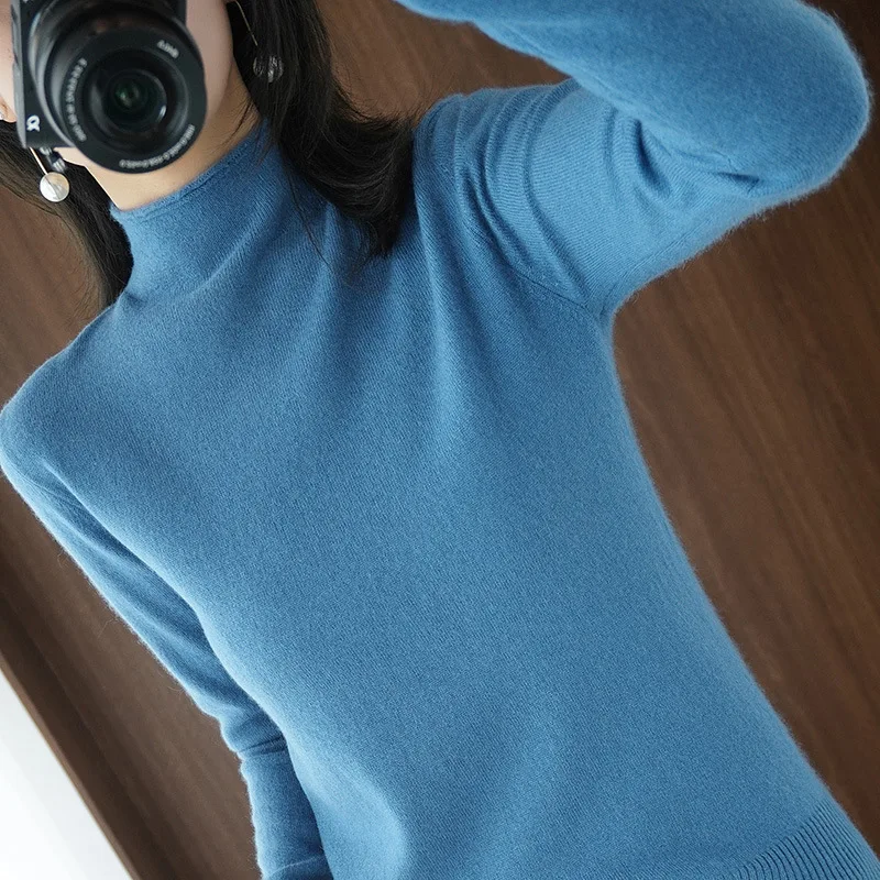 

Fashion Women Sweaters Mock Neck Long Sleeve Warm Knitwear Solid Slim Fit Pullover Basic Korean Knit Tops Bottoming Shirt Jumper