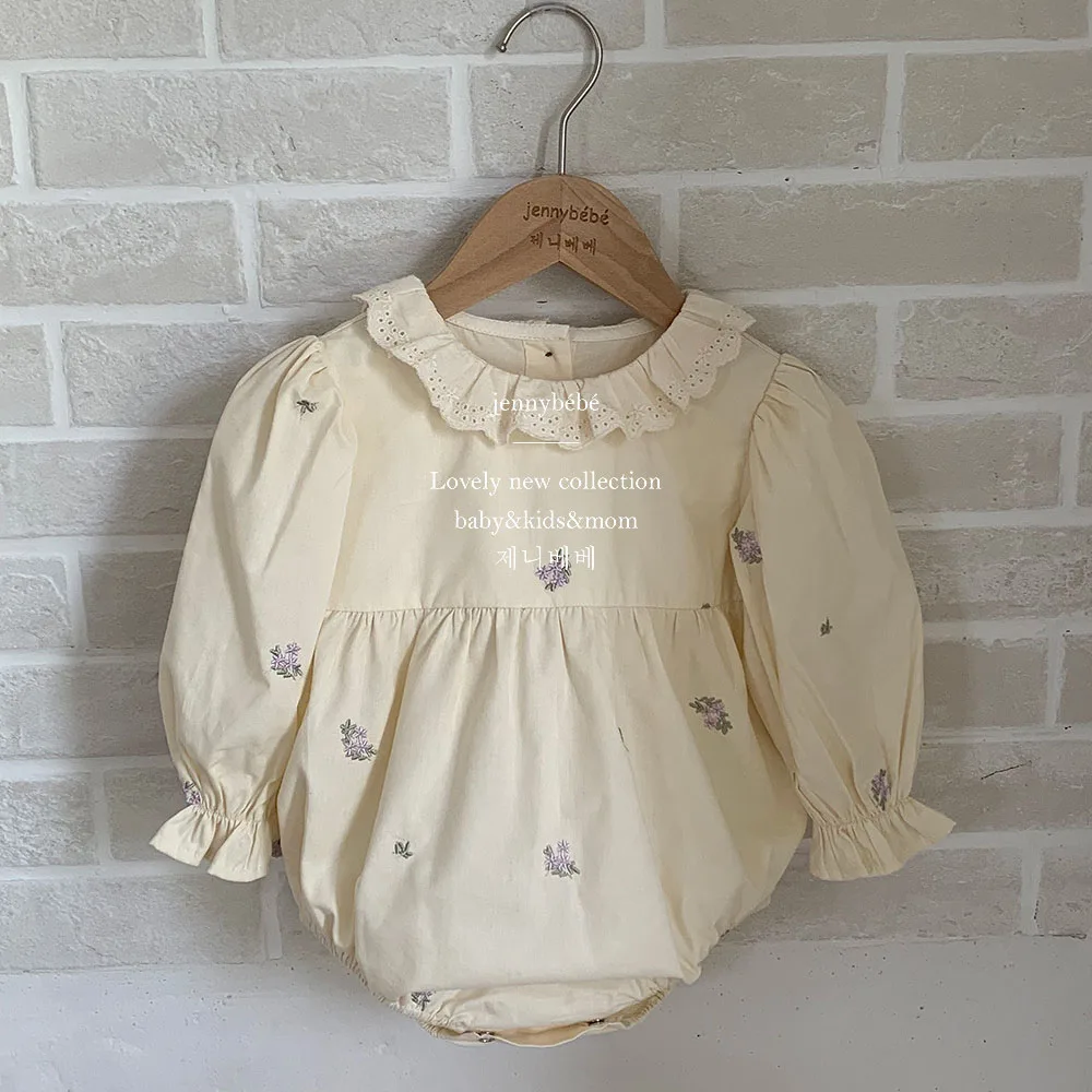 

2023 New Autumn Little Girl Floral Embroidery Long Sleeve Romper Ruffles Lace Collar Infant Baby Jumpsuit Korean Children Dress