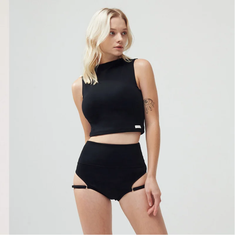 

Пикантный корейский модный черный бикини с высокой горловиной, комплекты из двух предметов, купальник с высокой талией, пуш-ап, женский купальник, бикини, купальный костюм