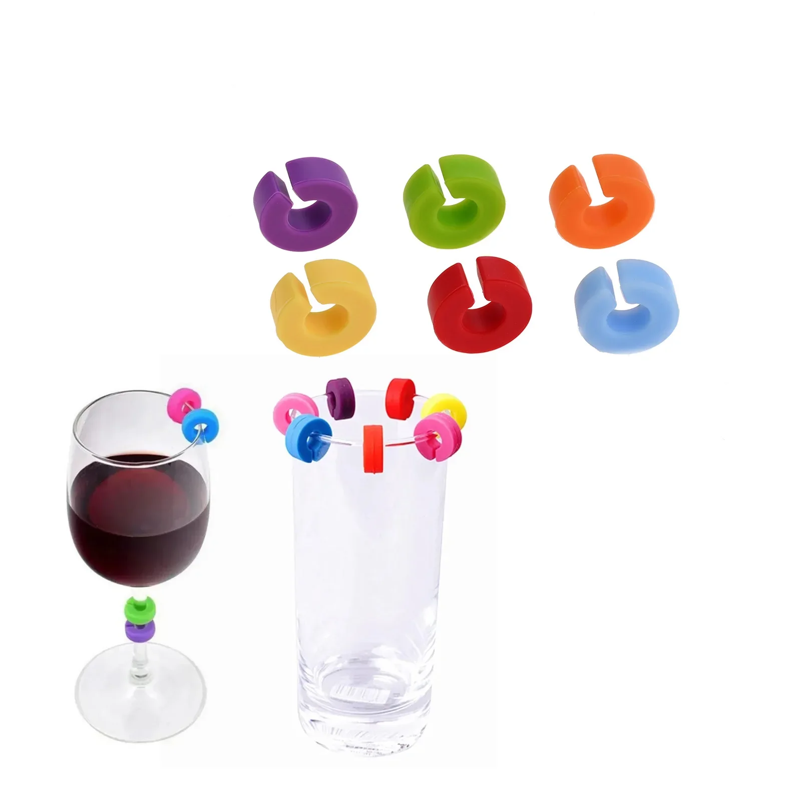 6Pcs Mini C-shape Food Grade Silicone Drink Glass Charms Tags Wine Glass Markers Set Recognizer Cup Labels Signs for Party Bar