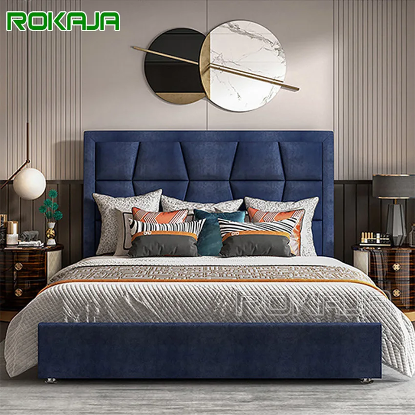 High Headboard Bed Luxury Blue Fabric Wooden Bed Upholstered Double Bed