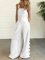 UOOZEE Women's Summer Linen Blend Wide Leg Sleeveless Jumpsuits High Waisted Loose Fit Buttoned Pockets Solid Color Romper - Image 2