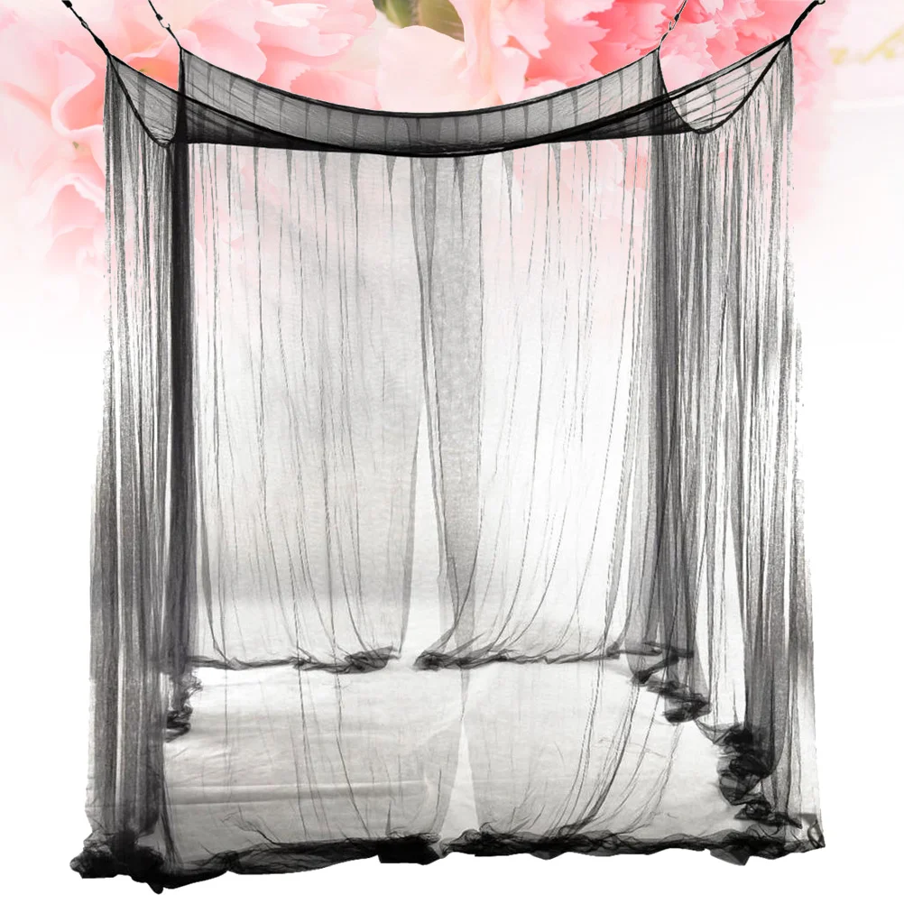 

European Style Corner Post Bed Canopy Mosquito Net Full Netting Bedding Canopy Netting Bed Curtains 190x210x240cm (Black)