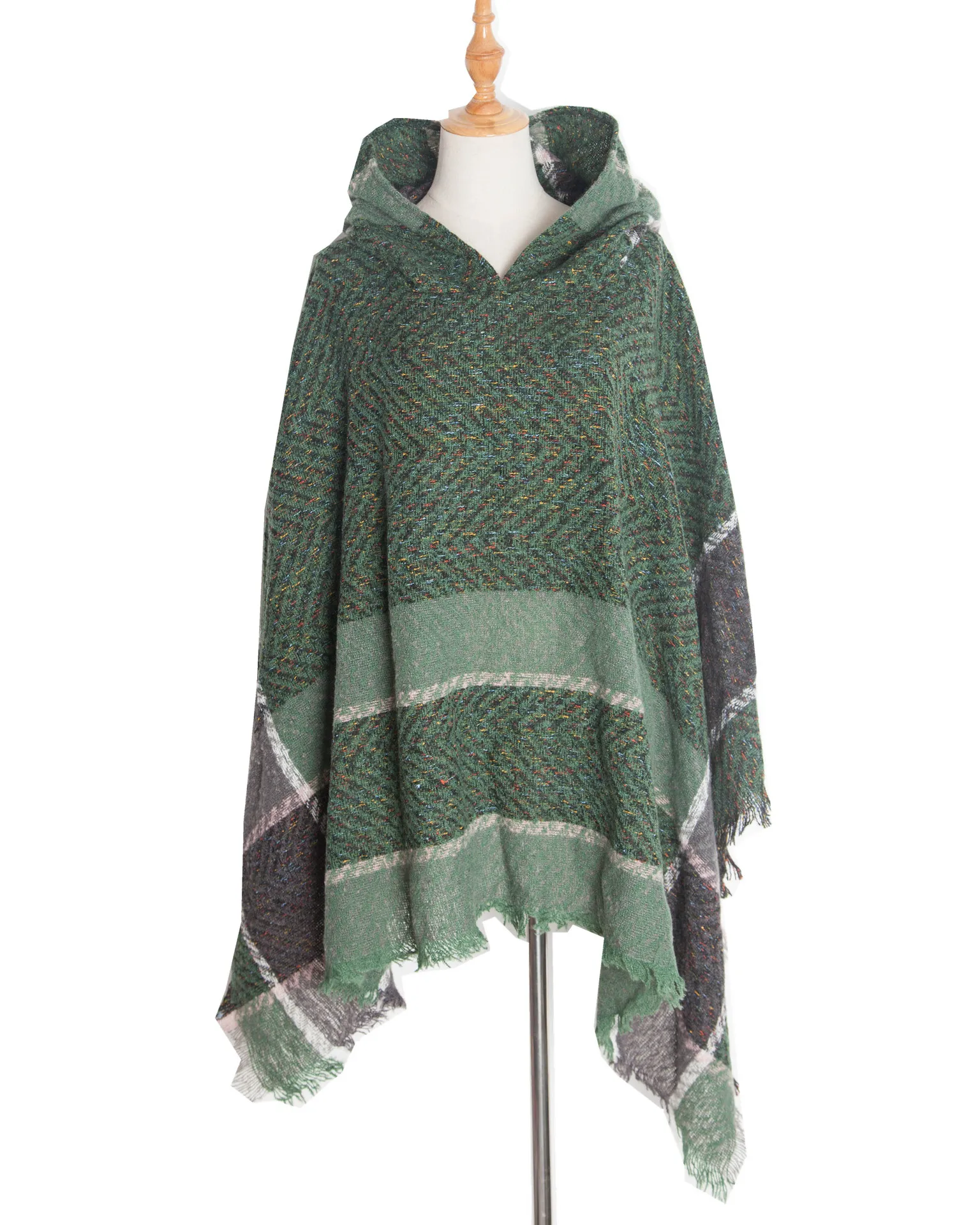 New Autumn Winter Fishbone Pattern Women's Hooded Cape Pullover Cape Women Poncho Lady Capes Green Cloaks