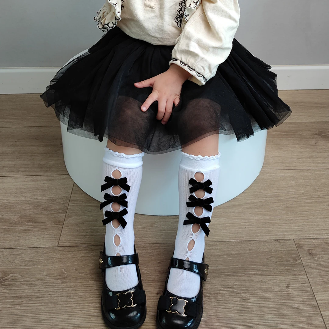 Winter Merry Christmas Bow Lace White Stitch Long Socks 2022 Kawaii Cute Hollow Fishnet Japanese Sweet Stocking for Baby Girls