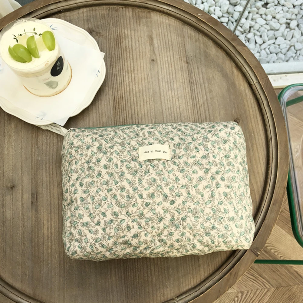 Korean Washing Bag Flower Prints Soft Cotton Travel Organizer Travel Portable Large Capacity Zipper for Women Girls Wallet Purse