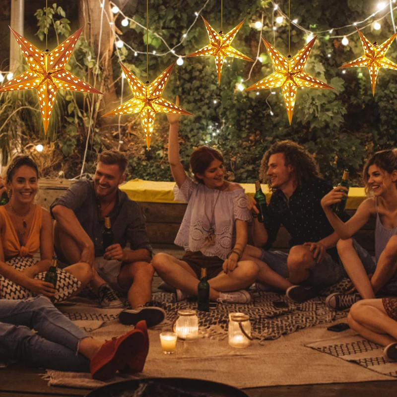 30/45/60cm Hollow Out Star Hanging Pendant Led Light Window Grille Paper Lantern Wedding Party Christmas Stars Lampshade Decor - Image 5