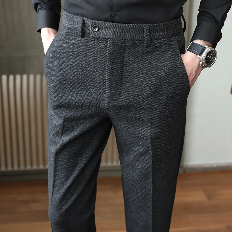 Autumn/Winter New Gray Woolen Pants Men Fashion Casual Sanded Trousers Size 28-36 Slim Suit Pantalon for Men