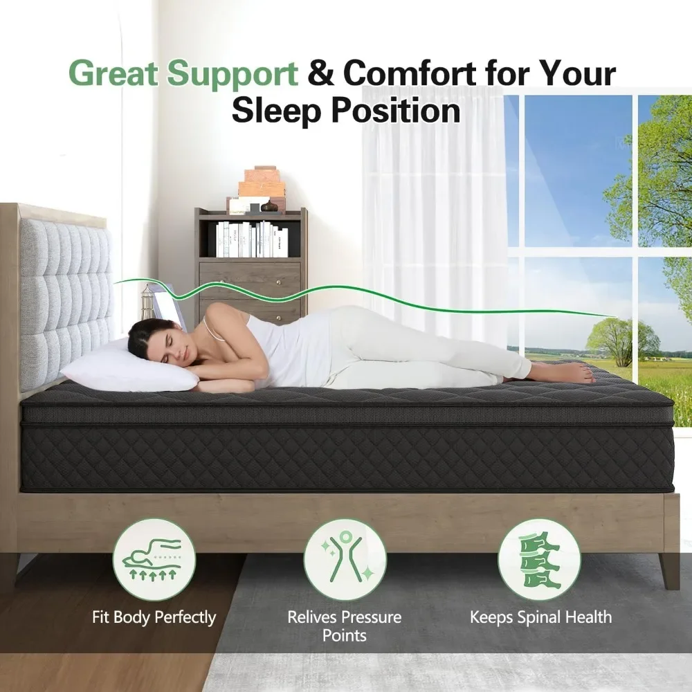Queen Mattress,14 Inch Hybrid Mattress Black,Euro Top Mattress Medium Firm for Back & Lumbar Support,100 Night Trial, Individual 5