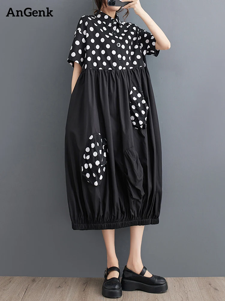

Polka Dot Patchwork Vintage Summer New Dresses For Women Korean Fashion Short Sleeve Loose Casual Dress Elegant Clothes 2023