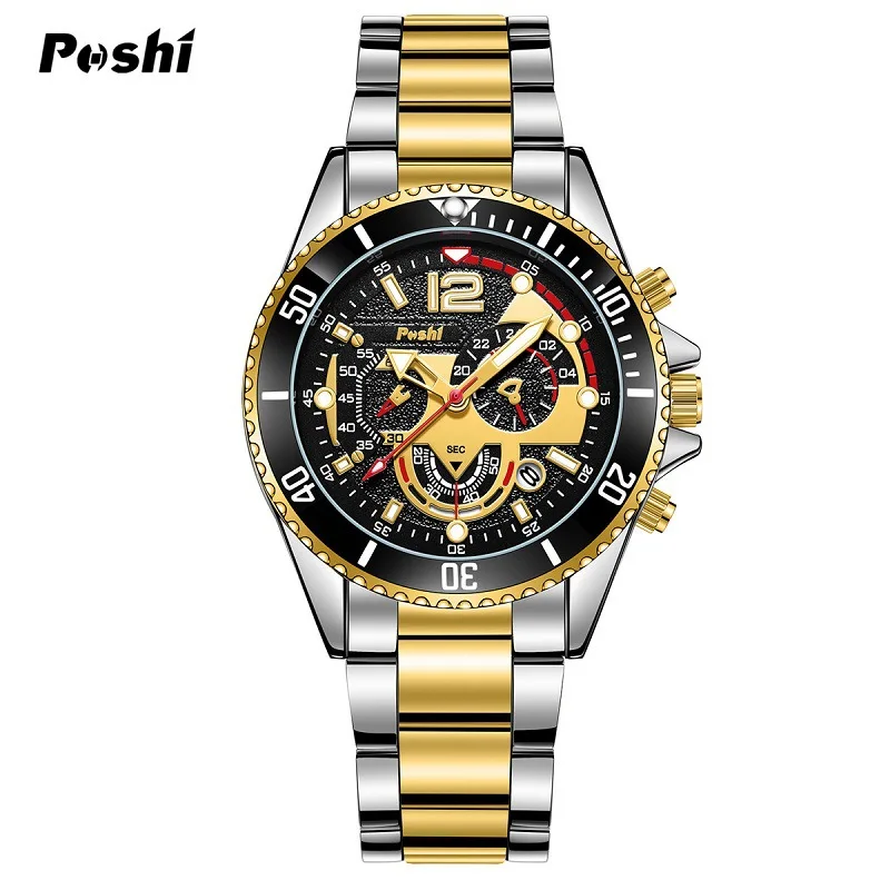 POSHI Men's Watch Luxury Waterproof Men Quartz Wathes Chronograph Luminous Alloy Strap Date Business Wristwatch Clock for man