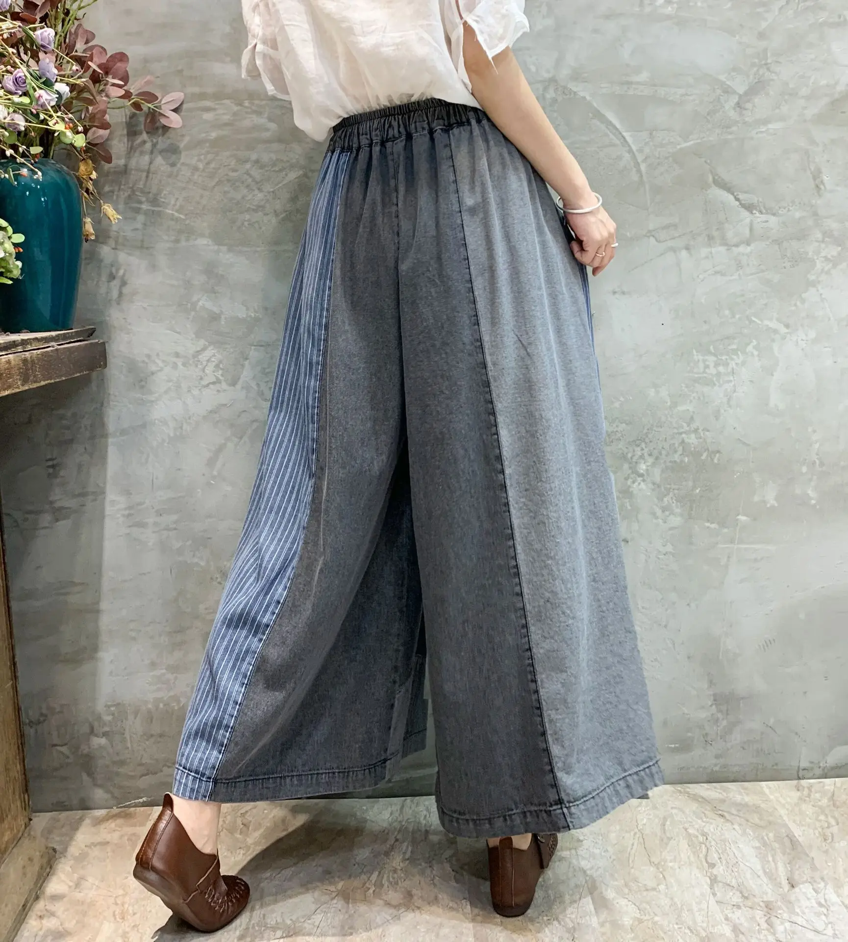 [EWQ] Patchwork Drawstring Jeans Pants For Women Streetwear High Waist Contrast Wide Leg Trousers Spring 2024 Autumn New Y6664
