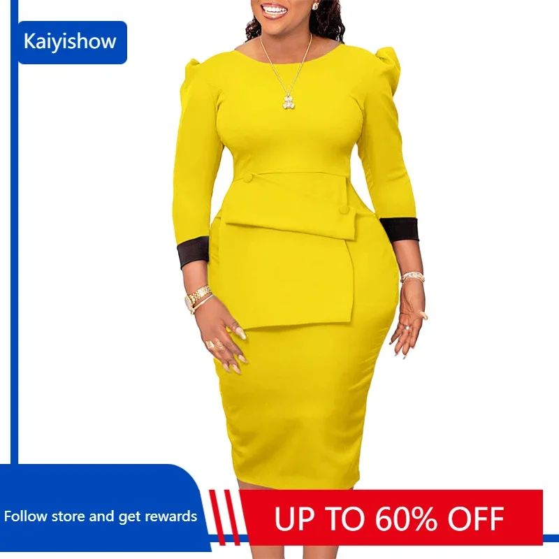 

African Dresses for Women Spring Autumn African Long Sleeve O-Neck Polyester Green Red Yellow Slim Dress Office Lady Party Dress