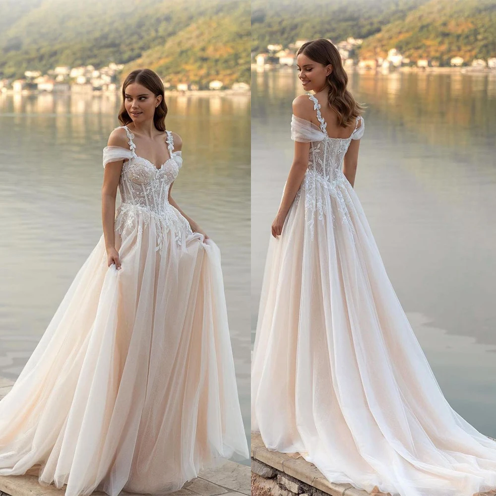 

Elegant A-Line Wedding Dress For Women Sweetheart Appliques Sequins Bridal Gown Off-Shoulder Spaghetti Strap Organza Skirt