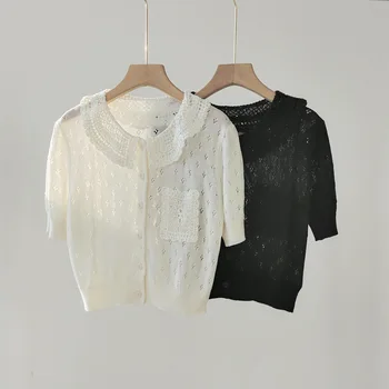 2024 Spring Summer France Style Fashion Women's High Quality Peter Pan Collar Short-sleeves Cardigans T-Shirt Tops C651