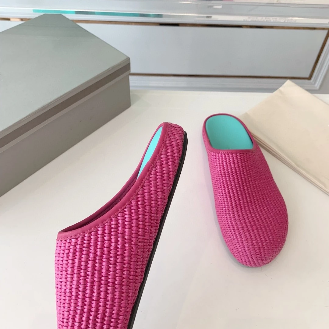 New Couple Big Head Flat Bottom Slippers Cunning Baotou Knitted Half Tuo Men's and Women's Round Head Casual Single Shoes Trend