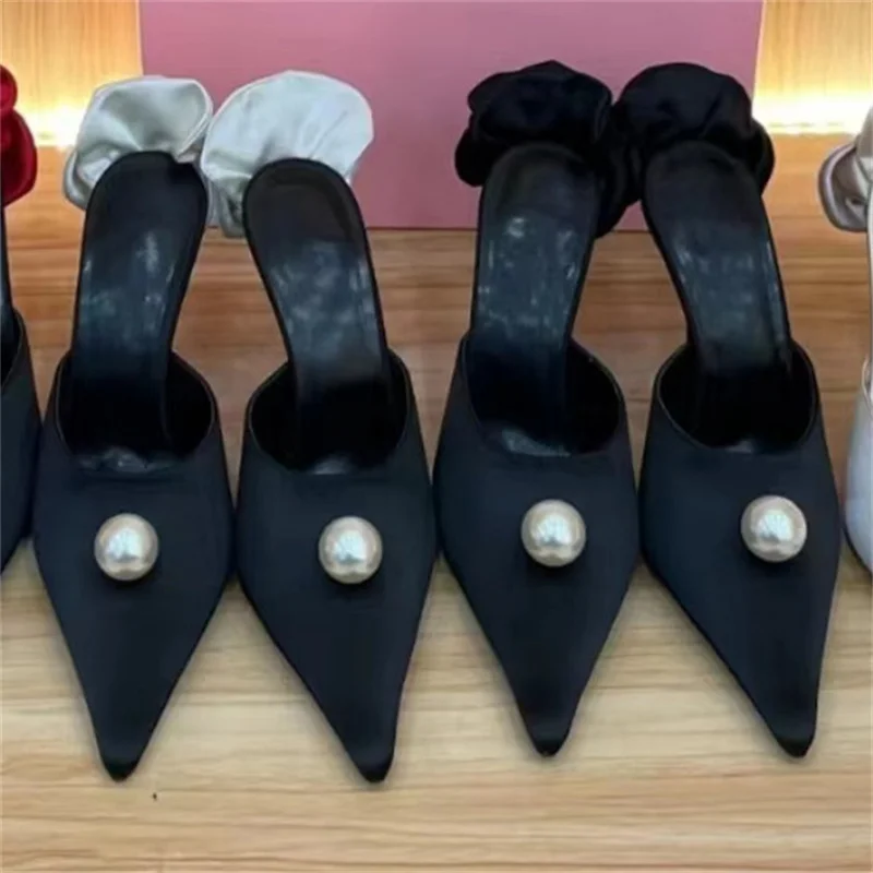 2024 New Pearl Pointed Toe Thin Heels Slippers Women Elegant Silk and Satin Rose Decor Shoes for Casual Fashion Brand Design