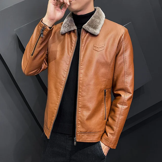 Winter Fashion Warmth Thickened Leather Jacket Lapel Solid Zipper Design Plus Size 4XL-M Bomber Coat Men's Leather Jacket 2