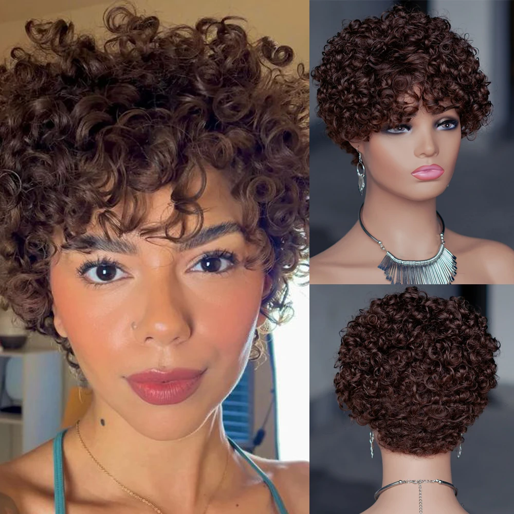 

Dark Brown Short Remy Human Hair Kinky Curly Wigs for Black Women Afro Pixie Cut Jerry Curly Human Hair Machine Made Wig Hair