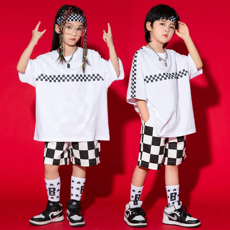 

Kid Hip Hop Clothing Black White Sweatshirt Top Casual Checkered Streetwear Baggy Pants for Girl Boy Jazz Dance Costume Clothes