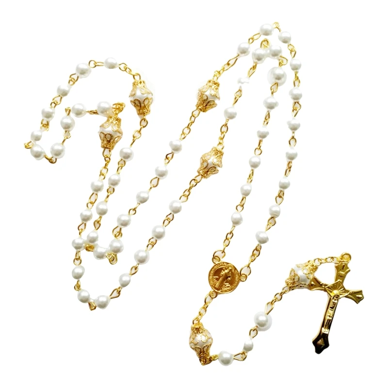 Vintage Pearl Beads Rosary Necklace Jesus Christ Crucifix Cross Pendant Women Jewelry Charm Prayer Gifts