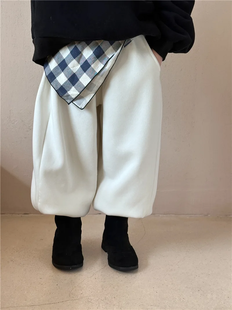 

Sweatpants Winter New Childrens Clothing Korean Plush Boys Girls Loose Causal Velvet Sports Pants Elastic Waist Soild