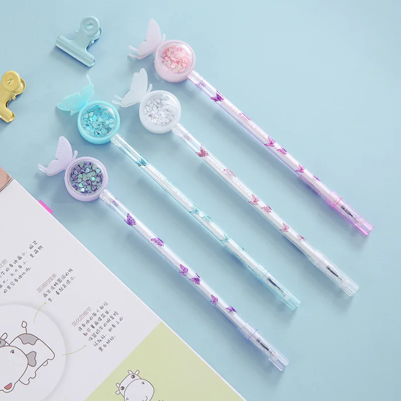 요정 나비 스팽글 젤 펜, 사무실 서명 펜, 학생 학용품, 귀여운 문구, 0.5mm, 4 개/세트
