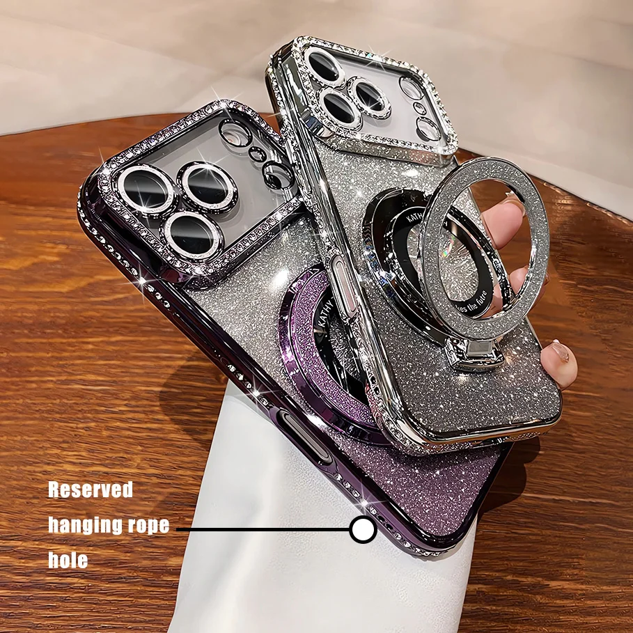 Luxury Plating Diamond Glitter Holder Stand Phone Case For iPhone17 16 15 14 13 12 Pro Max For Magsafe Lens Protector Back Cover S85a60b89bd3a44b69dcb82f2ce5ecf01C