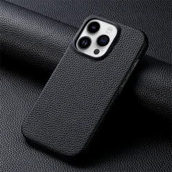 Luxury Soft Lychee Pattern Leather Phone Case - Shockproof Bumper Back Cover - iPhone 15 Pro (Y1 - Black)