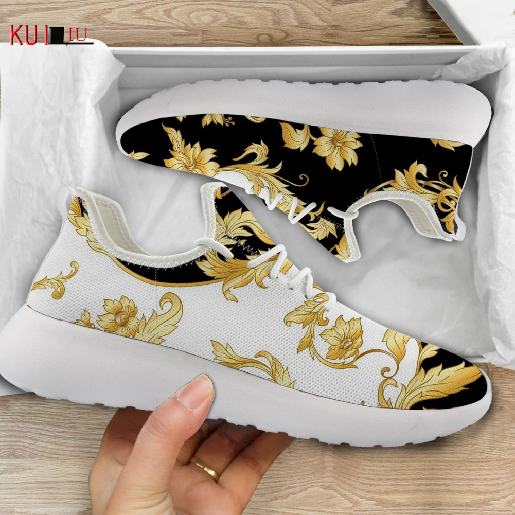

KUILIU New Golden Baroque Pattern Fashion Sport Shoes Printing Women Luxury Flower Mesh Knit Lightweight Sneakers Running Walk