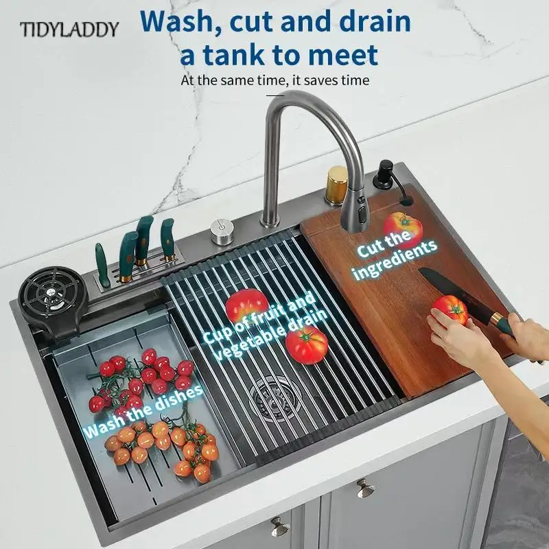 Kitchen Sink Waterfall 304 Stainless Steel Large Single Slot Kitchen Accessories Waterfall Faucet Vegetable Basin kitchen sink