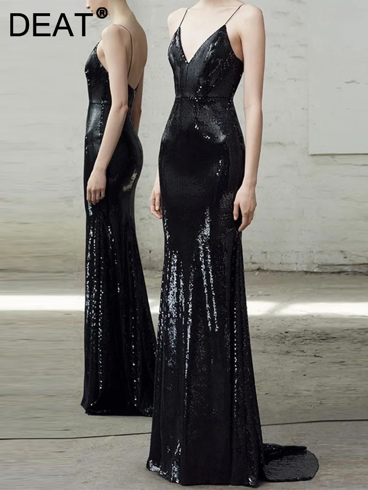 

[DEAT] Women's Evening Dress Camisole Spliced Sequins Backless Slim Fashion Party Female Training Dress Summer 2023 New 13DB649