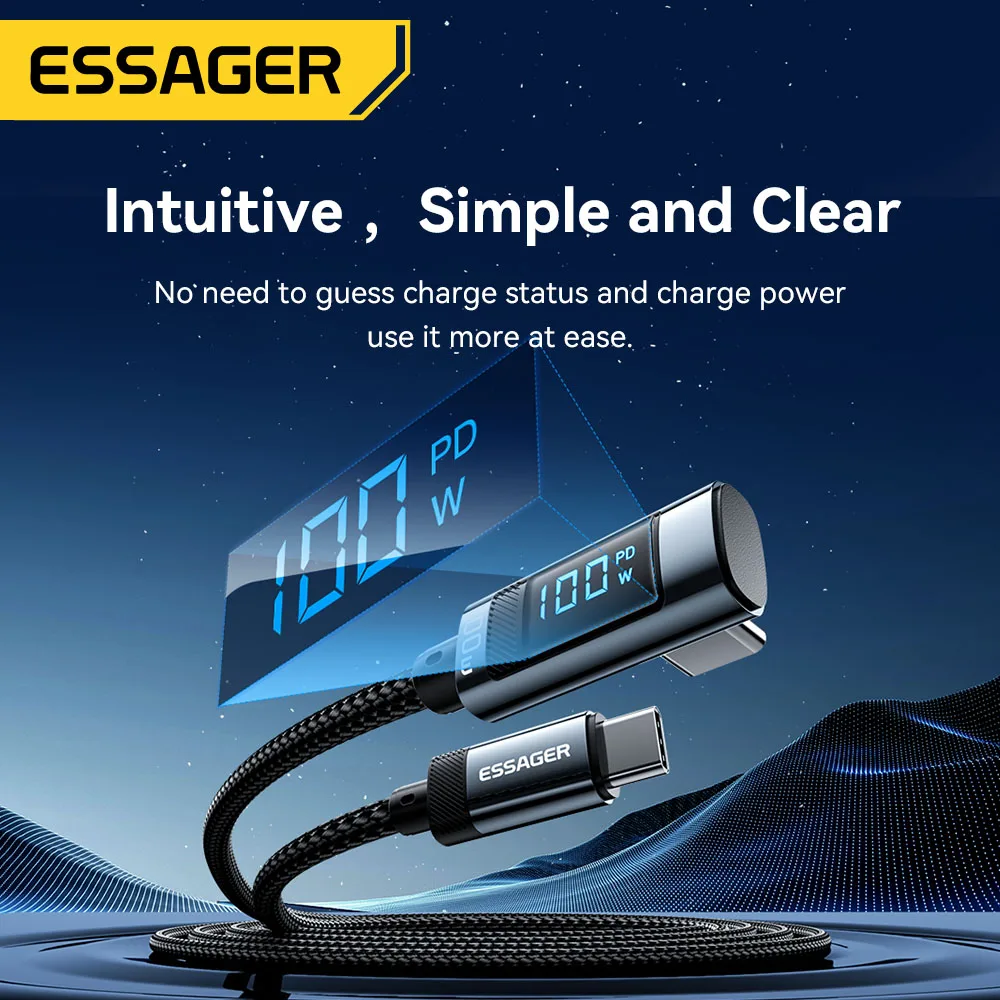 Essager PD100W USB Type C to USB C Cable 5A Fast Charging Cable 90 ° LED Digital Display Cable For Huawei Xiaomi Samsung MacBook