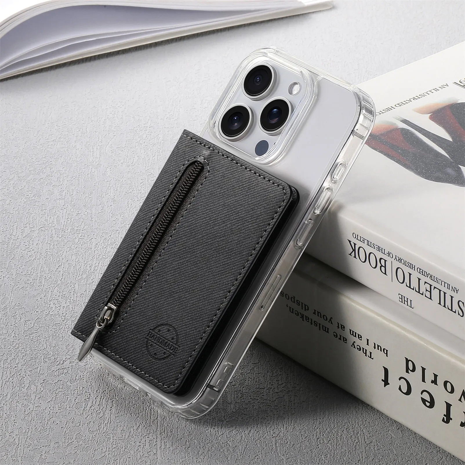 Handyhülle Kartenhalter mit PU-Leder-Rückseite Aufkleber Kartentasche Tragbarer Reißverschluss-Geldbörsenständer für iPhone 16 Pro Max 15 14 13 – Detail 11