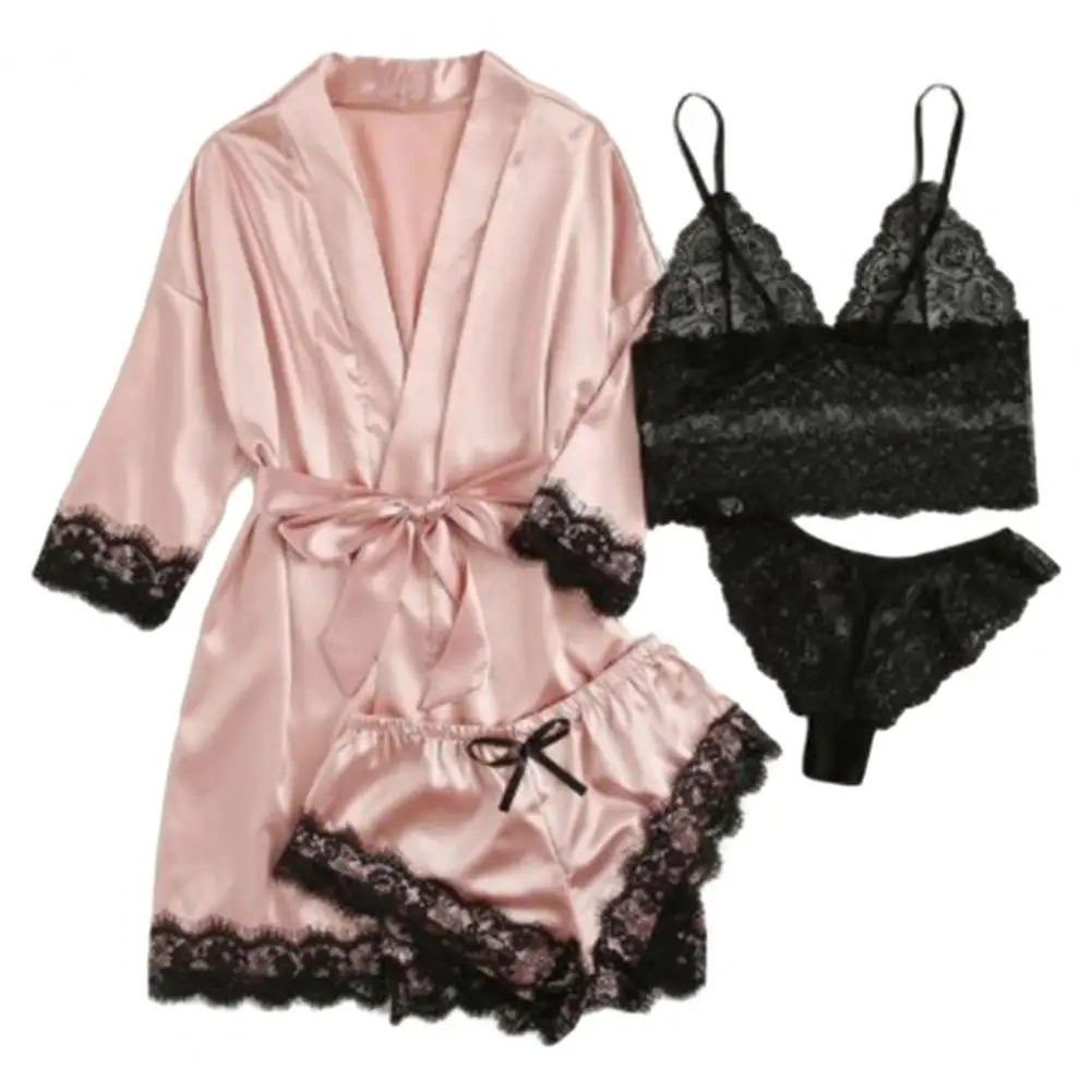 

Women Nightgown 4-piece Nightwear Set Lace Strap Bra G-string Thong Glossy Faux Satin Shorts Belted