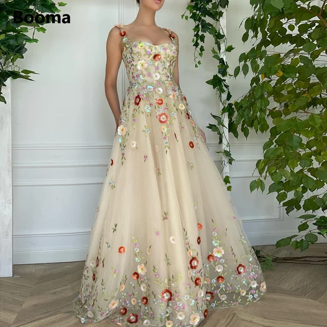 Booma 2022 Beige Embroidery Tulle Maxi Prom Dresses Sweetheart Spaghetti  Straps Sequin Flowers A-line Long Wedding Party Dresses - Prom Dresses -  AliExpress