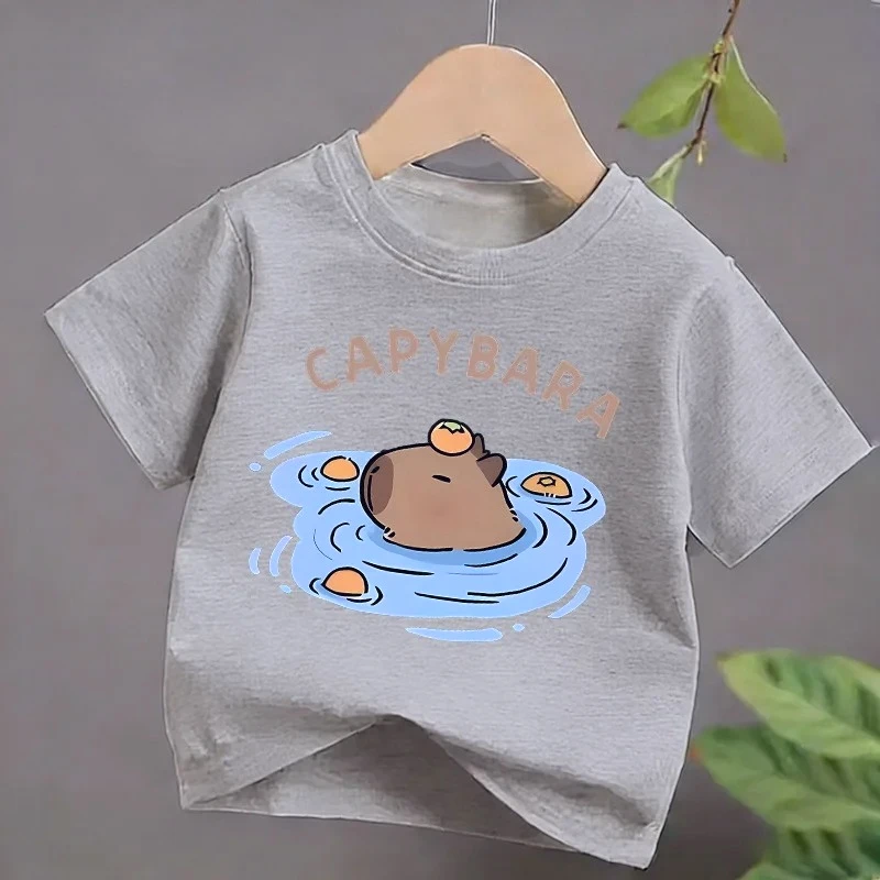 4 To14Y Girls Casual Capybara Print Short Sleeve T-Shirt 2026 New Cute Spring Summer Y2k Children's Crew Neck Tee Tops