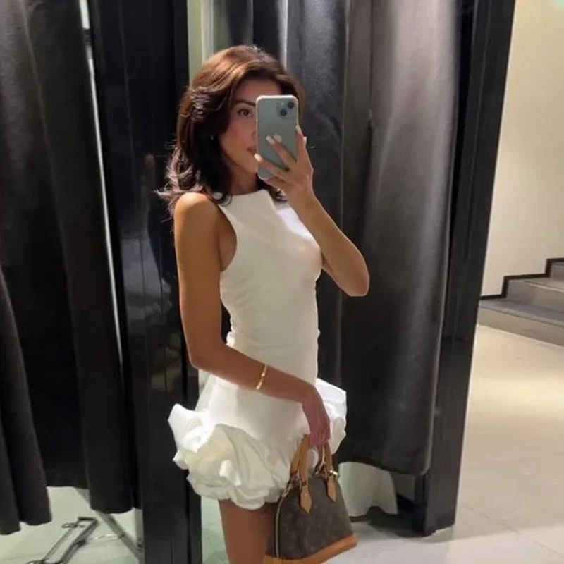 Elegant Sleeveless White Short Dress Women Slim O-neck Backless Ruffles Hem Party Evening Dresses Summer Lady Streetwear