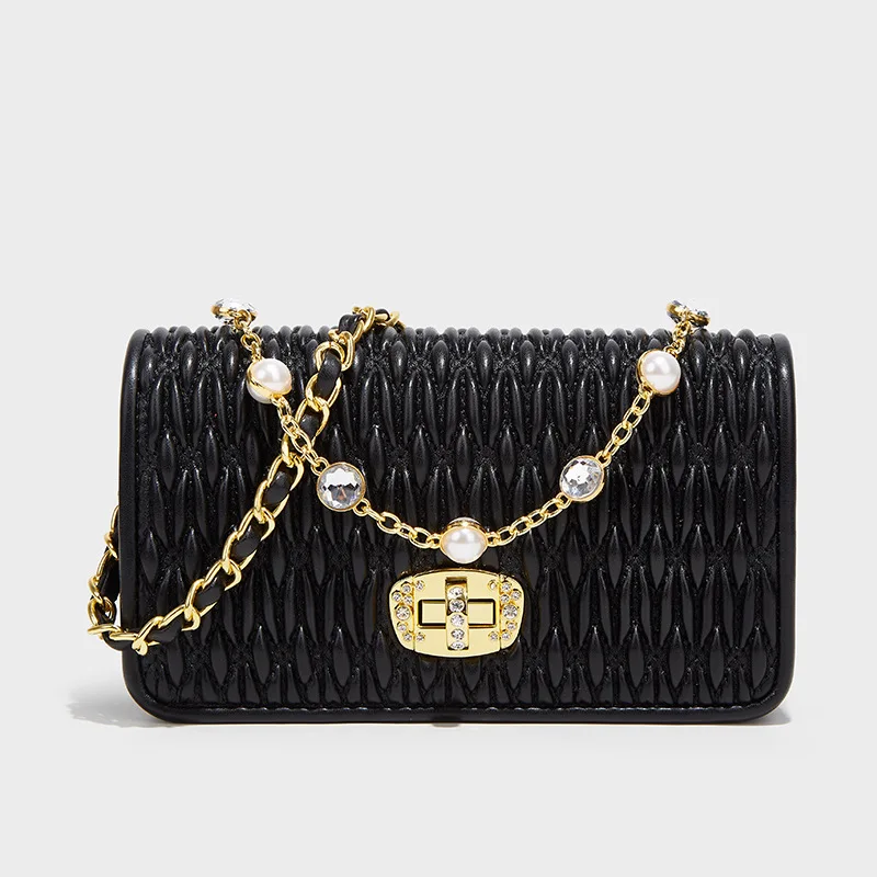 

Free Shiping items The new fashionable pleated small square bag is simple and easy to wear with a pearl chain style [C 5342]