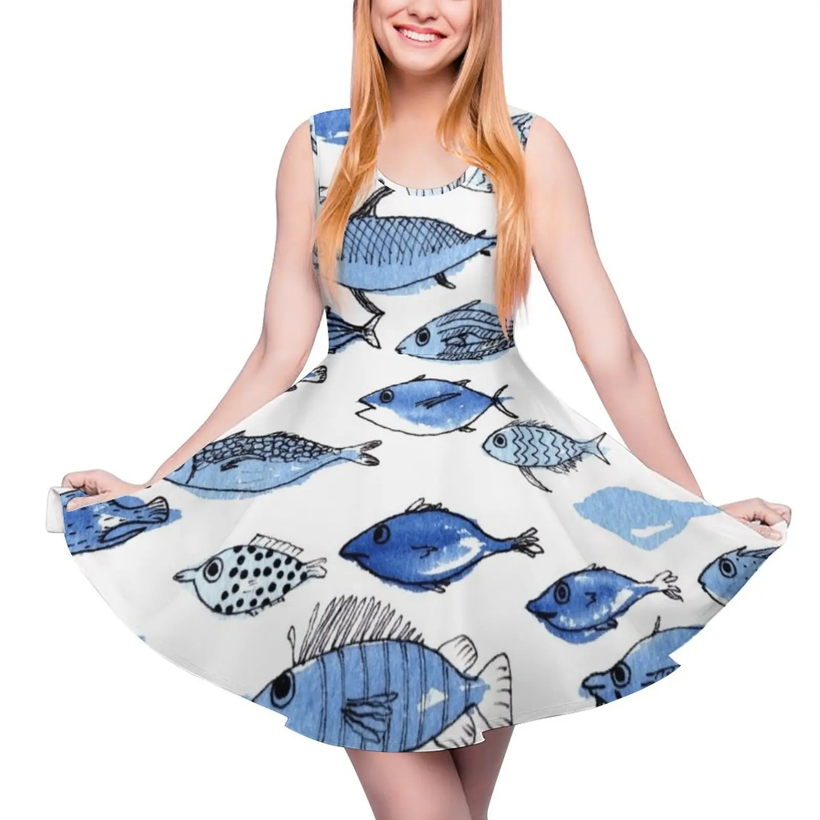 

Blue fishes Round Neck Dress prom dresses dresses with long sleeves Female clothing